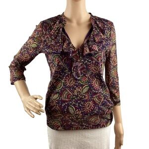 Chaps Petite Top Size PM Purple Floral Print Ruffle